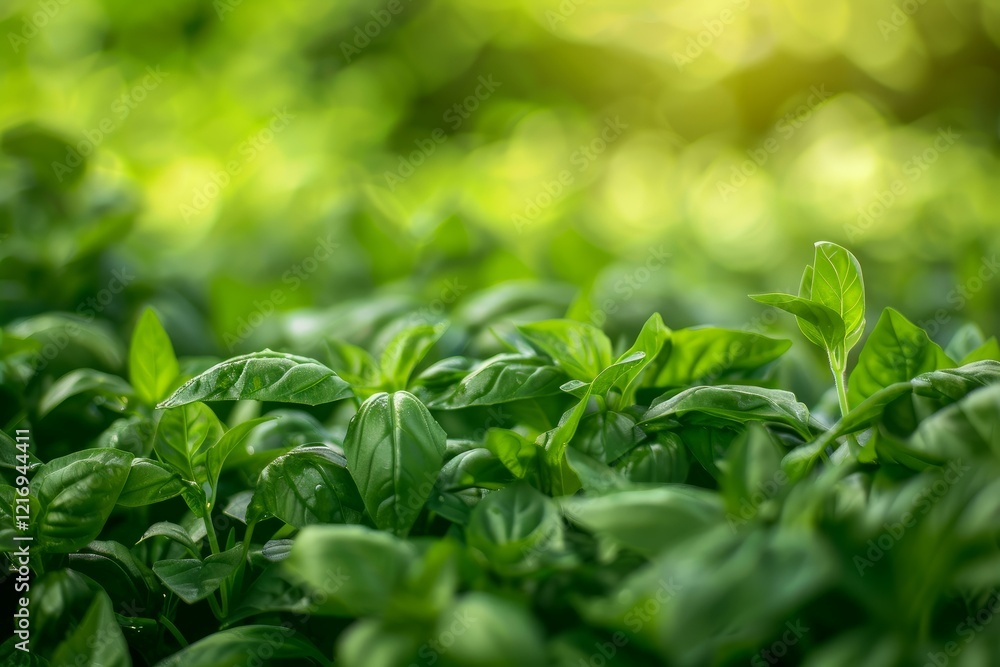 Fresh green basil plants are growing in a garden under the warm summer sunlight Fresh green basil plants are growing in a garden under the warm summer sunlight