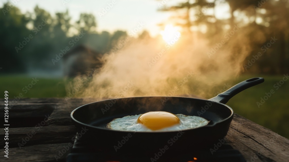 Cooking a sunny-side-up egg in a skillet with steam rising during a serene sunrise in nature Cooking a sunny-side-up egg in a skillet with steam rising during a serene sunrise in nature