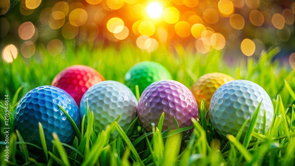 Obraz premium Golf Balls on Lush Green Grass with Bokeh Background - Stock Photo