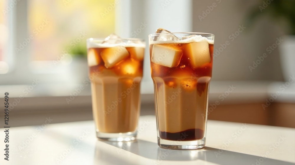 Refreshing Iced Coffee Drinks in Tall Glasses on Bright Surface Refreshing Iced Coffee Drinks in Tall Glasses on Bright Surface