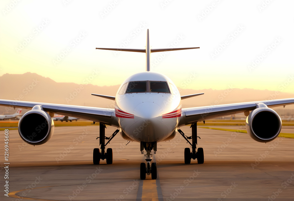 Fototapeta premium Commercial airliner on tarmac, sunset sky, golden hour, front view of aircraft, vibrant orange horizon, silhouetted mountains, dramatic lighting, high contrast, wide-angle shot, airport runway, aviati