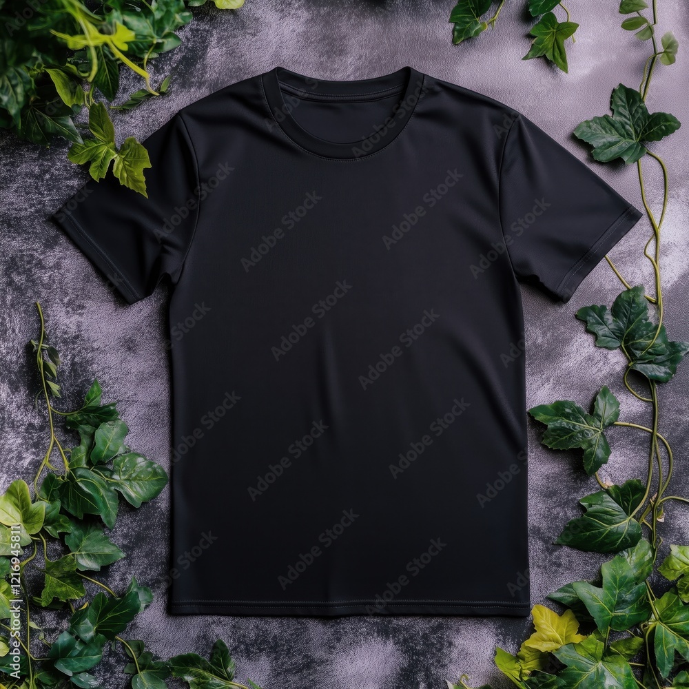 Toxic fashion statement: flat lay of black t-shirt engulfed by poison ivy Toxic fashion statement: flat lay of black t-shirt engulfed by poison ivy