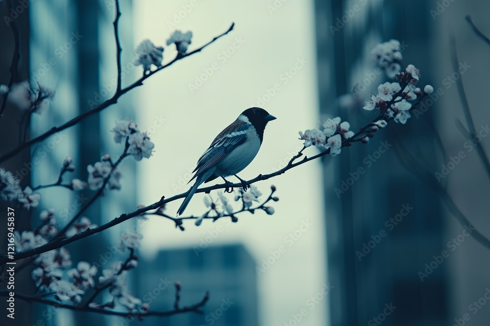 A minimalist shot of a single sparrow perched on a blooming branch in the city. picture