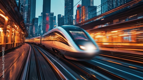 Futuristic high-speed train speeding through a bustling modern city photo