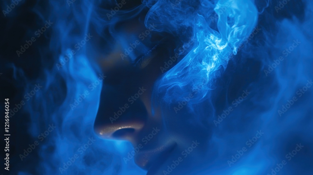 A serene face partially obscured by ethereal blue smoke, creating a mystical atmosphere. A serene face partially obscured by ethereal blue smoke, creating a mystical atmosphere.
