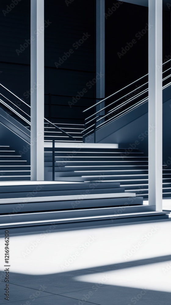 Obraz premium A sleek, modern staircase with sharp lines and ambient lighting, creating a futuristic atmosphere in a minimalist architectural setting.