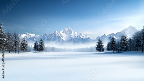 An 8k resolution panoramic view of a snowy winter landscape with blue skies, tall pine trees covered in snow, and distant mountains in the background, ultra-realistic, photo-realistic, highly 