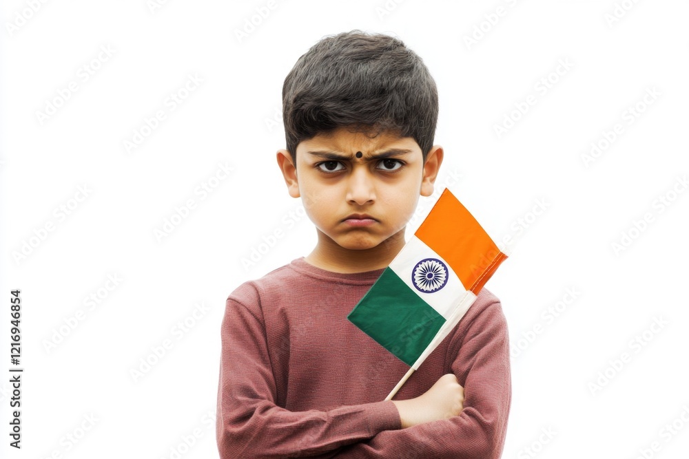 A young boy holds an Indian flag in front of his face, a symbol of national pride and identity A young boy holds an Indian flag in front of his face, a symbol of national pride and identity