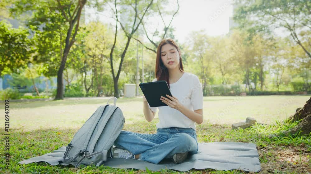 Asian Woman Working outdoors in the park. Professional on a Video Call, exploring Hybrid Work Opportunities in a Peaceful, Virtual Meeting and Online Learning. Hybrid work lifestyle concept by tablet