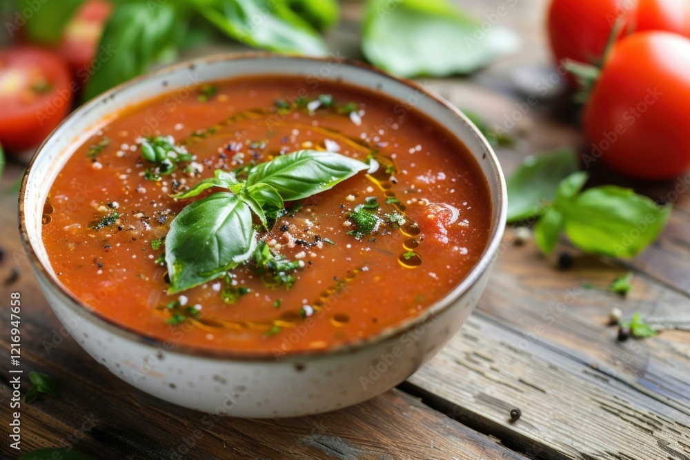 Bowl of delicious tomato soup with basil and olive oil on rustic wooden table Bowl of delicious tomato soup with basil and olive oil on rustic wooden table
