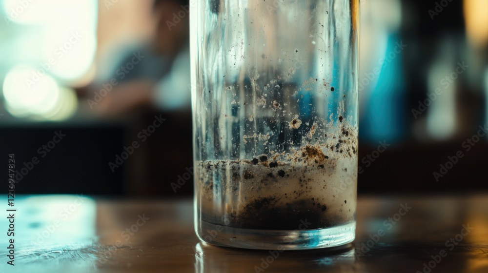 Coffee grounds settle at the bottom of a clear glass in a cozy cafe during a leisurely afternoon Coffee grounds settle at the bottom of a clear glass in a cozy cafe during a leisurely afternoon