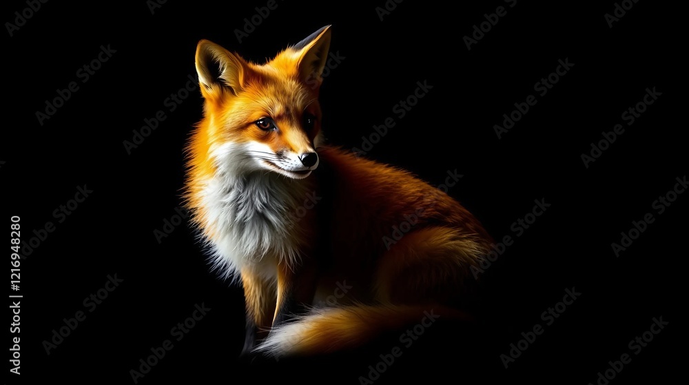 Obraz premium A red fox, its fiery orange fur glowing softly under dramatic lighting, sitting alert with its tail curled around its body