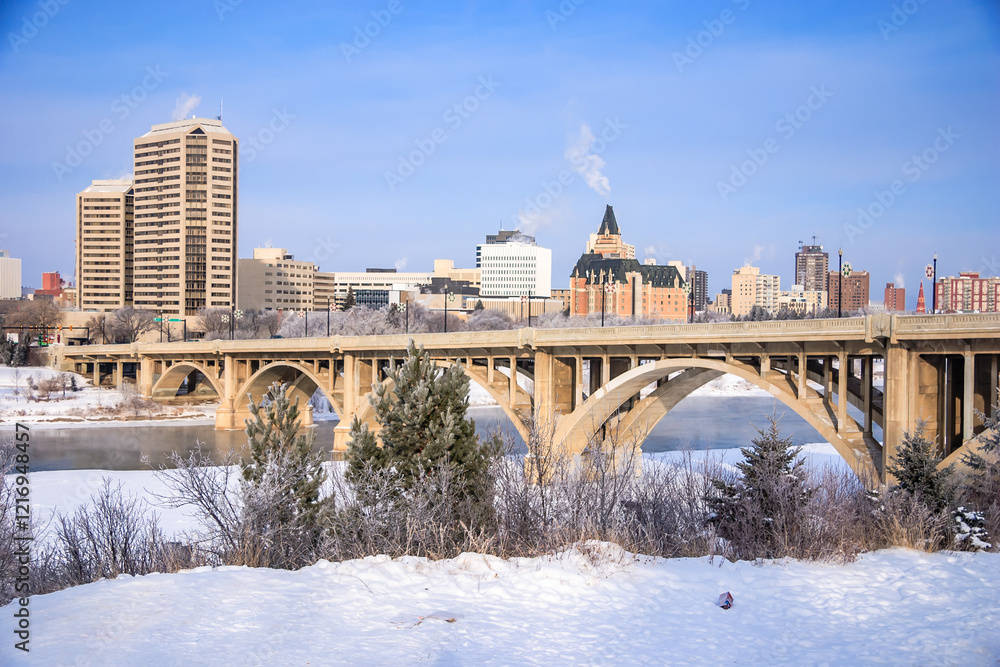 Naklejka premium A bridge over a river with a city in the background