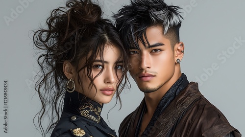 Teen couple with contrasting fashion, Maori girl in military uniform, NZ Chinese boy in brown robe, both with earrings and eyeliner. Girl with curly brown hair, boy with bleached fauxhawk. Ultra-Reali photo