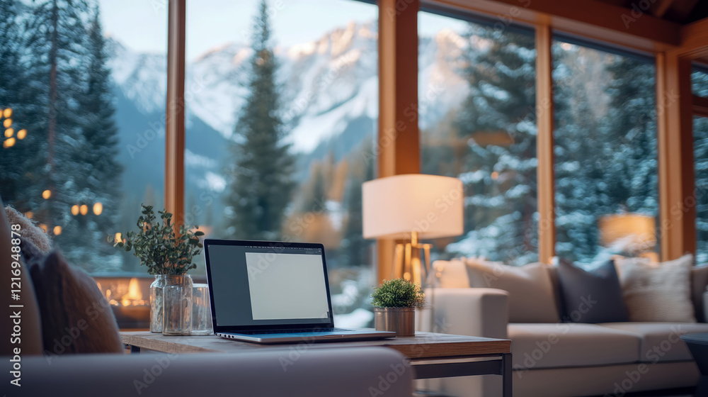 Laptop on Table with Mountain View in Cozy Living Room