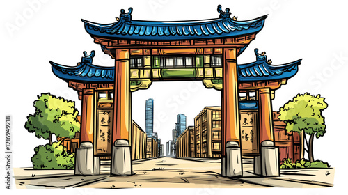 Vector comic hand-drawn illustration of Chinatown gate. Chinatown gate in New York