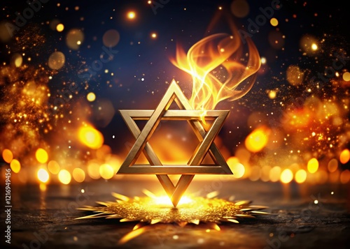 Hanukkah Miracle: Golden Star of David above Fiery Ring photo