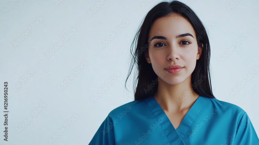 Compassionate young Latina nurse in professional scrubs, prepared to assist patients with care and expertise, on a white background Compassionate young Latina nurse in professional scrubs, prepared to assist patients with care and expertise, on a white background