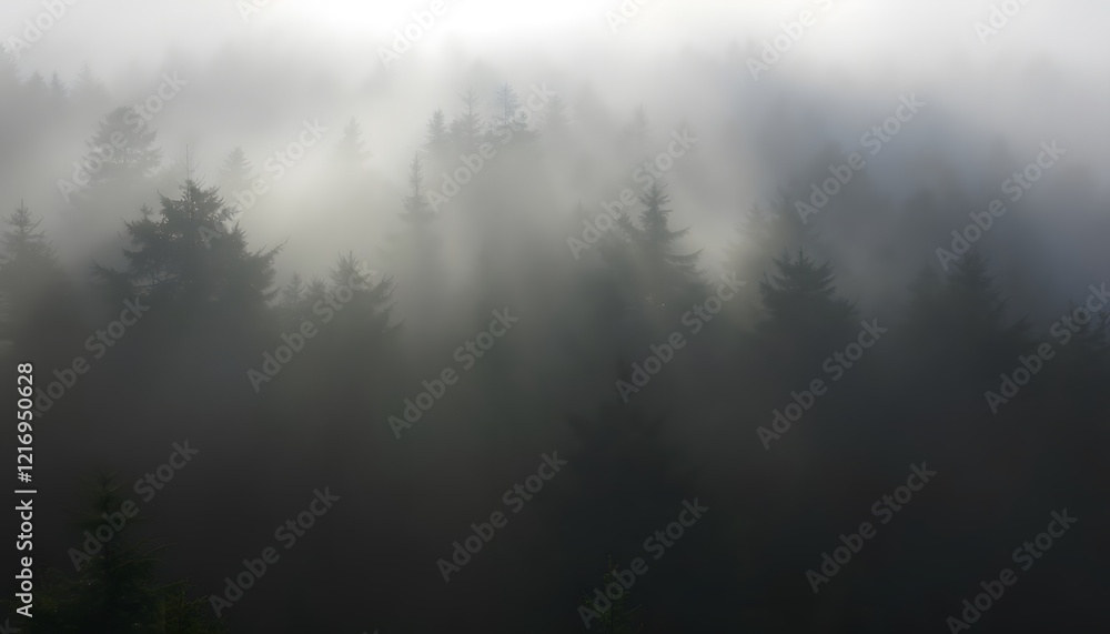 Fototapeta premium Dense Foggy Forest in the Early Morning with Sunlight Filtering Through Trees