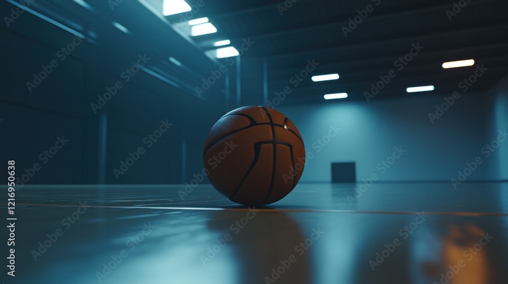 A basketball rests on a polished court, illuminated by soft lighting in a spacious gym. A basketball rests on a polished court, illuminated by soft lighting in a spacious gym.