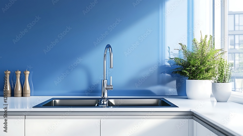 Modern kitchen sink with chrome faucet, blue backsplash, and potted plant. Modern kitchen sink with chrome faucet, blue backsplash, and potted plant.