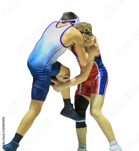 High School Wrestlers Compete in a Dramatic Matchup with a transparent background