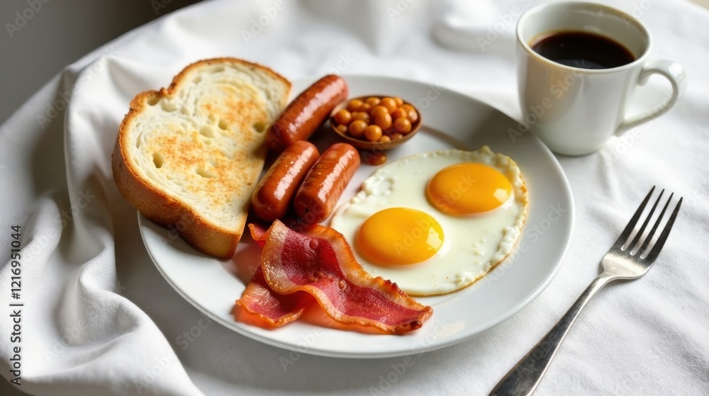 A hearty breakfast plate featuring fried eggs, crispy bacon, grilled toast, succulent sausages, and a side of baked beans, accompanied by a steaming cup of coffee A hearty breakfast plate featuring fried eggs, crispy bacon, grilled toast, succulent sausages, and a side of baked beans, accompanied by a steaming cup of coffee
