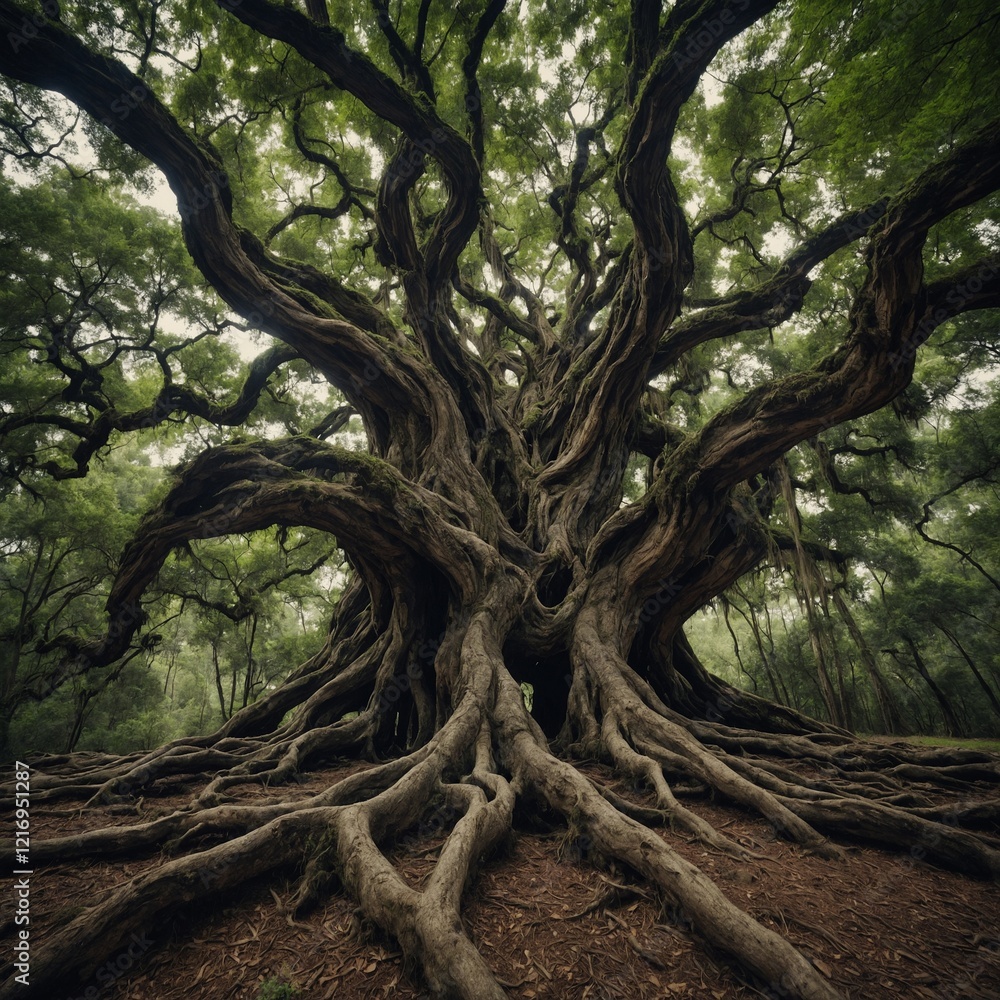 Write about a towering tree with twisting roots that seem alive. Write about a towering tree with twisting roots that seem alive.