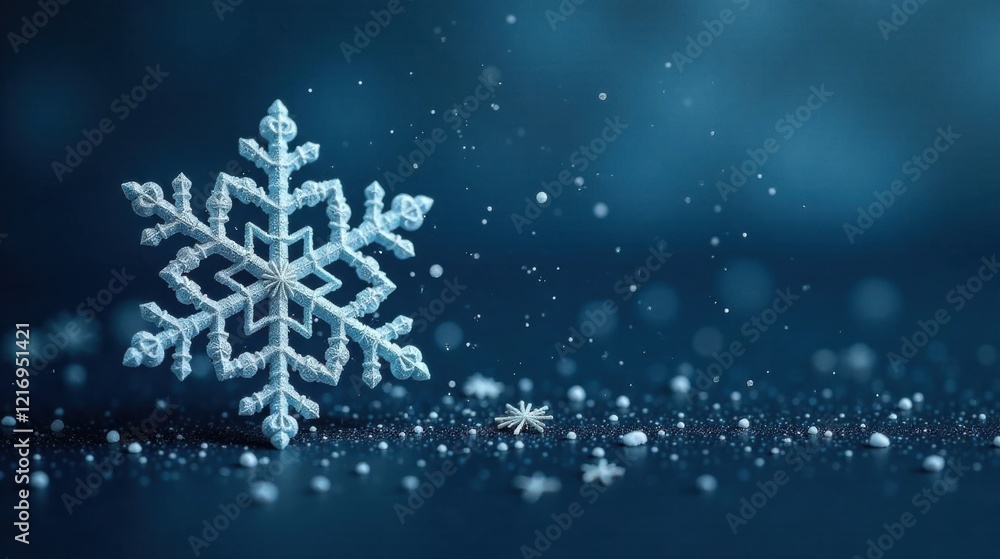 A single, ornate snowflake rests delicately on a dark, textured surface, surrounded by a flurry of smaller snowflakes and sparkling particles, creating a serene winter scene. A single, ornate snowflake rests delicately on a dark, textured surface, surrounded by a flurry of smaller snowflakes and sparkling particles, creating a serene winter scene.