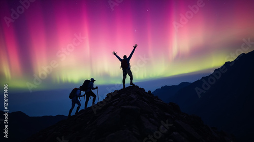 Silhouette of a hiker cheering on a mountain top looking at fantastic northern lights
