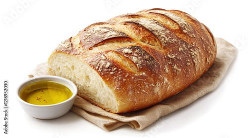 Detailed image of a freshly baked artisan bread loaf with a crispy crust, showcasing the texture and steam, accompanied by a small bowl of olive oil photo