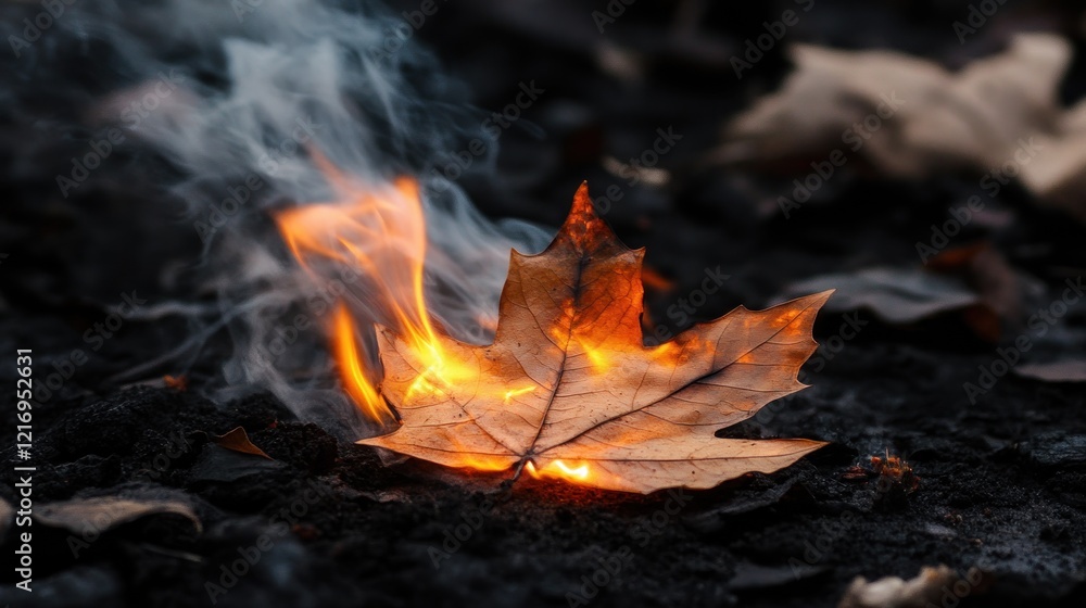 A burning leaf emits smoke and flames, symbolizing decay and transformation in nature. A burning leaf emits smoke and flames, symbolizing decay and transformation in nature.
