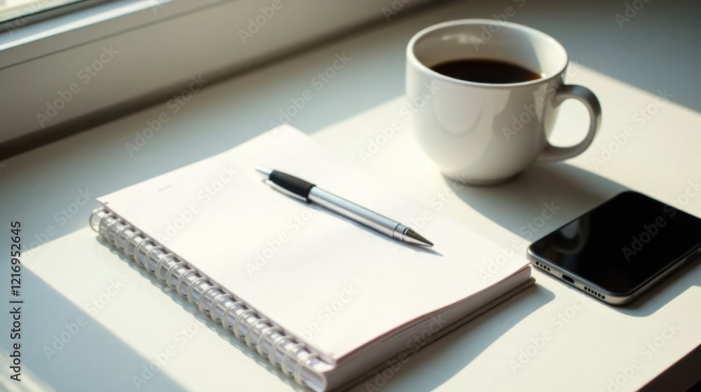 Sunlight illuminates a workspace featuring a spiral notebook, pen, coffee, and mobile phone. Sunlight illuminates a workspace featuring a spiral notebook, pen, coffee, and mobile phone.