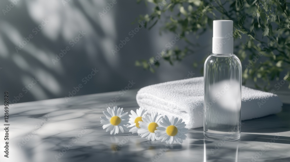 Fresh and calming beauty essentials arranged on a marble surface with flowers in natural light Fresh and calming beauty essentials arranged on a marble surface with flowers in natural light