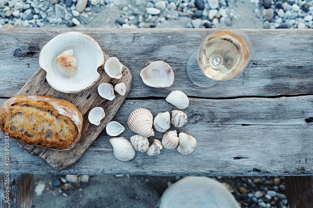 A minimalist table setup with seashells, bread, and a glass of wine on a driftwood plank. picture A minimalist table setup with seashells, bread, and a glass of wine on a driftwood plank. picture