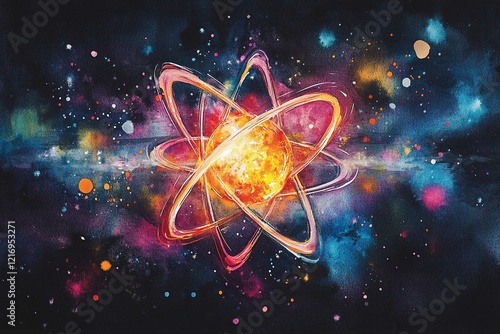 Watercolor of a glowing atom surrounded by energy rings in a colorful cosmic background