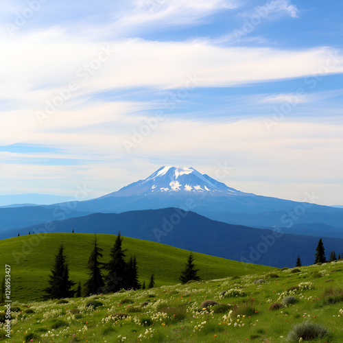 USA, Washington State. Mount Baker (elevation 10,778 feet, 3,285 m) northernmost volcano in the Cascade Range, seen from meadows of Heliotrope Ridge, Mount Baker Wilderness. photo