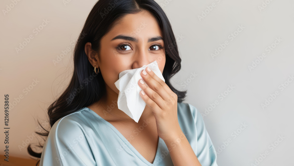woman with long dark hair sneezing into tissue, wearing light blue blouse, expressing discomfort, possibly due to allergies or cold woman with long dark hair sneezing into tissue, wearing light blue blouse, expressing discomfort, possibly due to allergies or cold