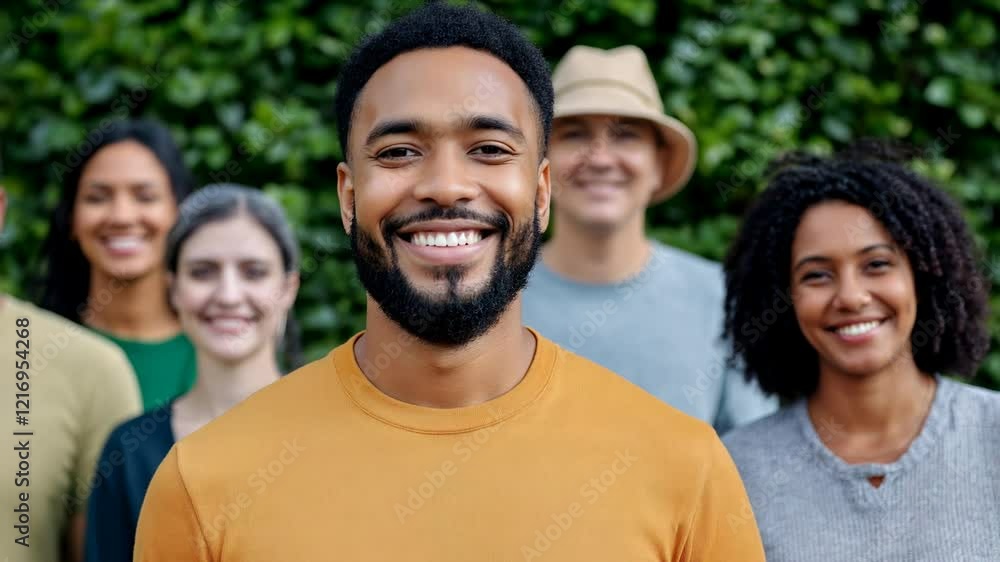 A group of people are standing together, one of them is wearing a yellow shirt. Scene is cheerful and friendly A group of people are standing together, one of them is wearing a yellow shirt. Scene is cheerful and friendly
