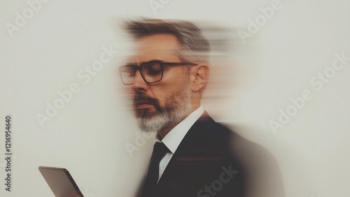 professional man in suit holds smartphone, with blurred motion effect suggesting speed and urgency. image conveys sense of modern business dynamics