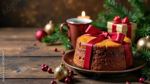 A festive holiday dessert, adorned with a vibrant red ribbon, sits on a rustic wooden table, accompanied by a warm beverage and elegant ornaments, creating a cozy and inviting winter scene.