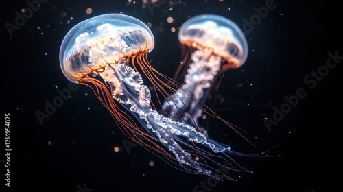 Dreamlike jellyfish dance in a mystical underwater realm with glowing tentacles photo