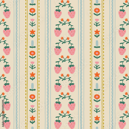 Colorful vintage flower art seamless pattern illustration. Retro nature floral background in hand drawn style. Spring season strawberry decoration texture, nature textile drawing print.