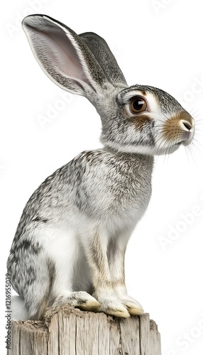 Antelope jackrabbit sitting on weathered wood post, isolated on white. photo