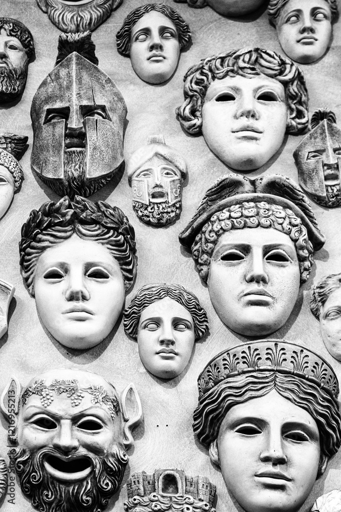Obraz premium Ancient Greek masks. Traditional theatrical masks. Black and white image.