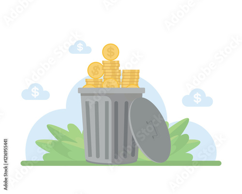 Coins thrown in the trash can. The collapse of a dollar or other currency. Metal trash can with discarded money. Flat design. Vector illustration on white background.