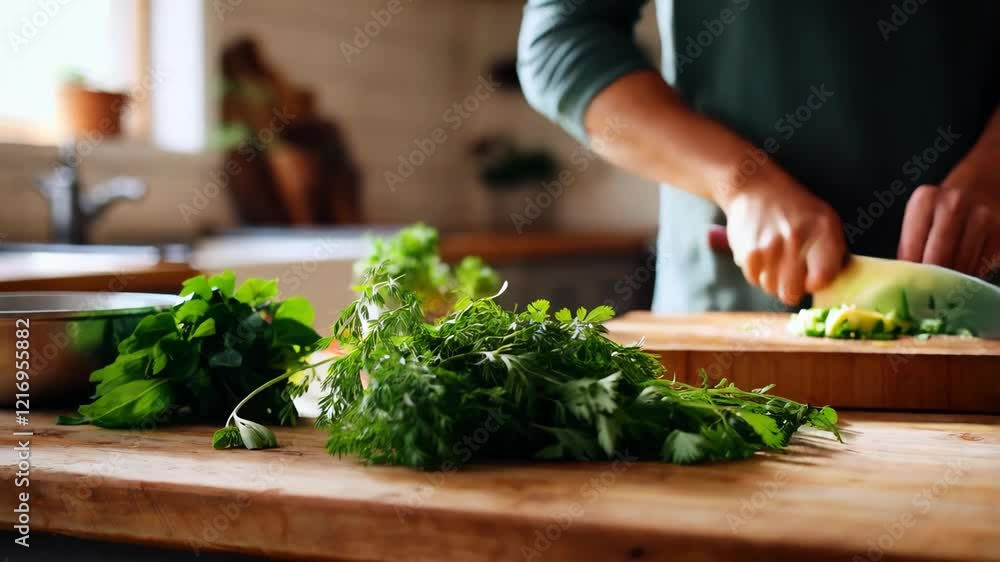 Culinary Delights: A Person Chopping Fresh Herbs in a Rustic Kitchen Culinary Delights: A Person Chopping Fresh Herbs in a Rustic Kitchen