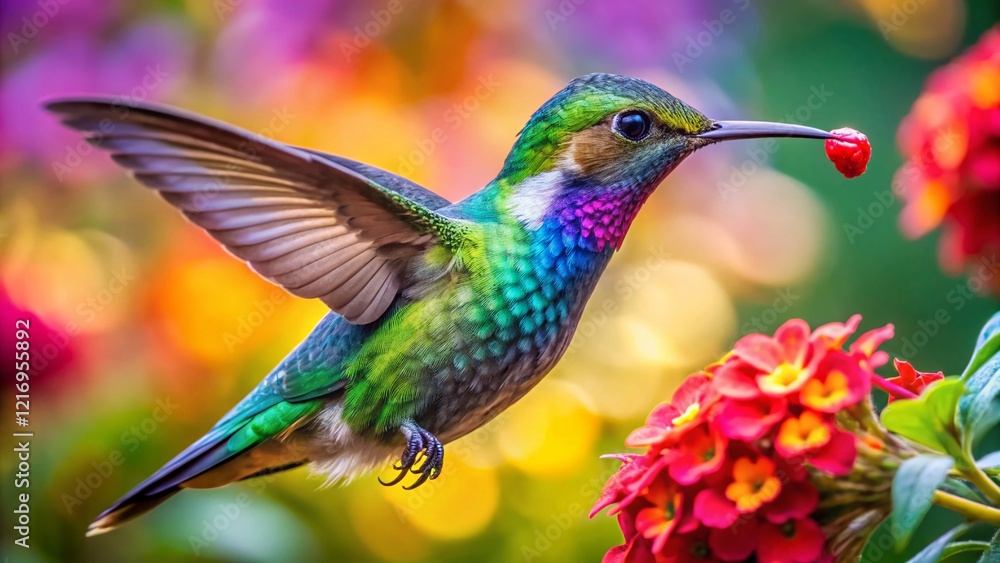Obraz premium Hummingbird Feeding: Bokeh Blurred Background Stock Photo