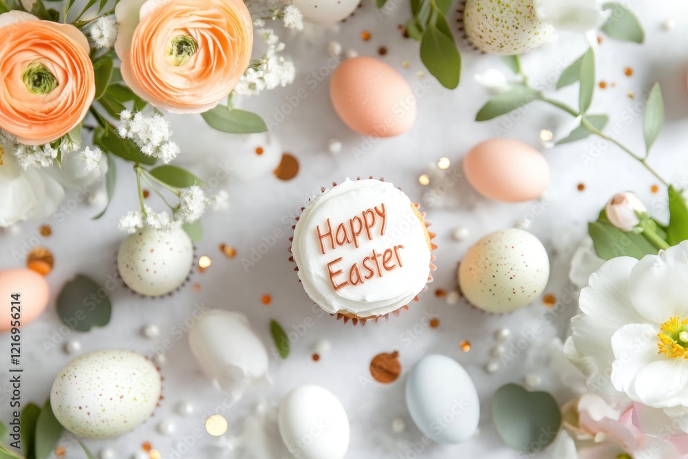 Fototapeta premium Happy easter text with colorful eggs, cupcakes, and daisies on blue background.