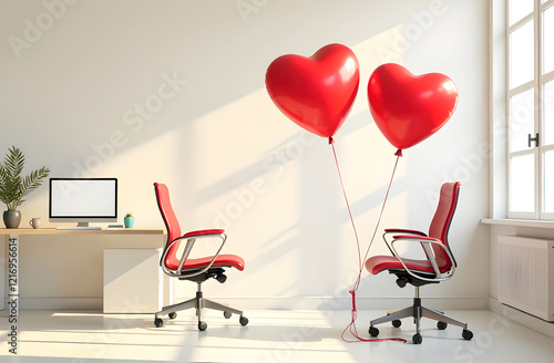 Modern office space with red chairs and heart-shaped balloons, creating a romantic atmosphere perfect for Valentine's Day workplace decor or love-themed advertising. Selective focus